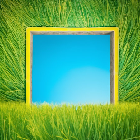 Green grass with blue sky and wooden frame for your text or imageの素材