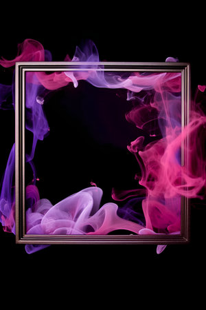 Purple smoke in a frame on a black background. Copy space.の素材