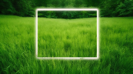Green grass field with white frame in the shape of a square.の素材
