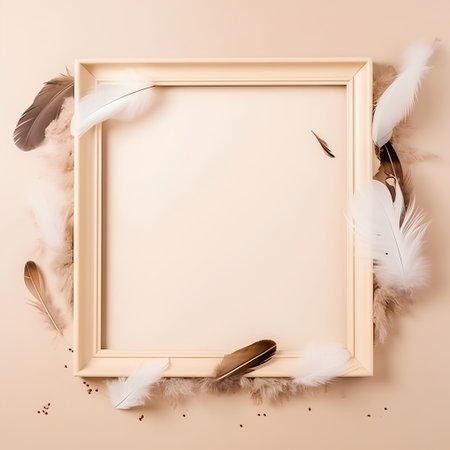 Vintage frame with feathers on beige background. Flat lay, top view.の素材