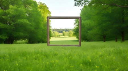 Wooden picture frame on green meadow with trees and grass.の素材