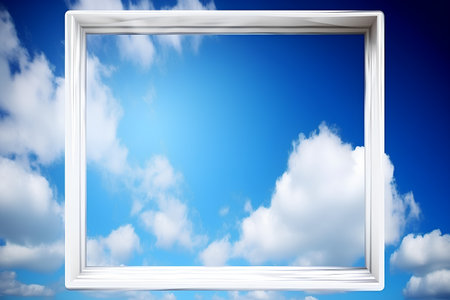 White frame on blue sky with white clouds, background for your designの素材