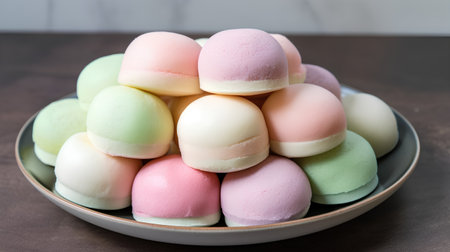 Japanese confectionery, colorful mochi on a plate.の素材