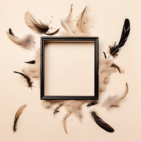 Photo frame with feathers and ink splashes on beige background.の素材