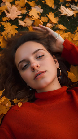 Portrait of a beautiful girl in a red sweater lying on the autumn leavesの素材