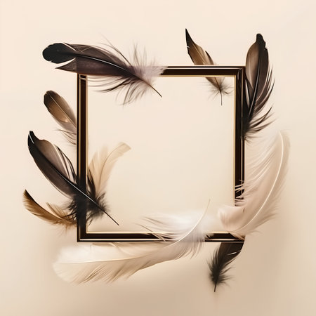 Vintage frame with feathers on a beige background. 3d renderingの素材