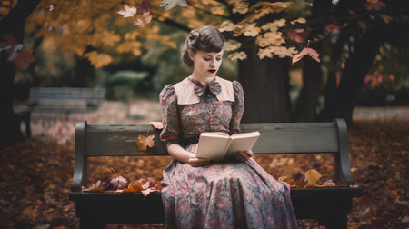 Beautiful young woman in the autumn park reading a book. Retro style.の素材