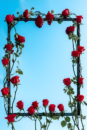 Red roses on a blue sky background with copy space. Valentine's Day.の素材