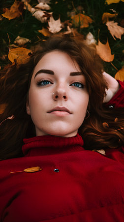 Portrait of a beautiful young woman lying on the autumn leaves.の素材