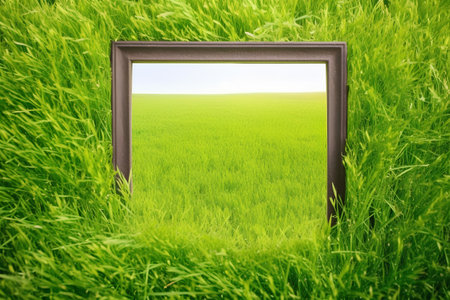 Picture frame on green grass background with space for your text or imageの素材