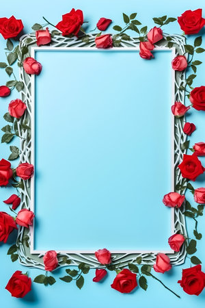 frame with red roses on blue background, top view, copy spaceの素材