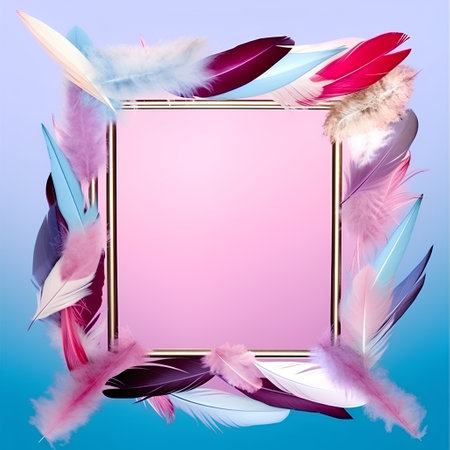 pink and blue feathers on a blue background with a golden frameの素材