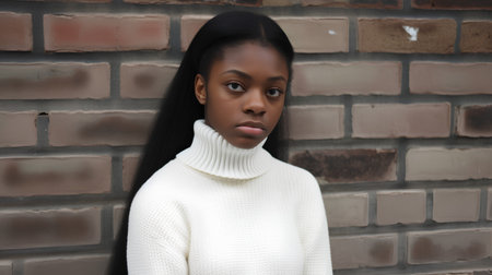 Young african american woman in white sweater on brick wall backgroundの素材