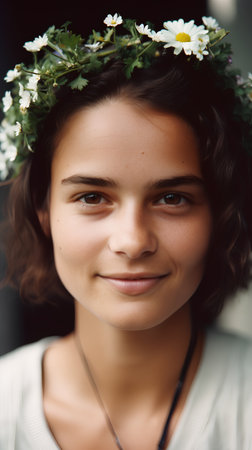 Portrait of a beautiful young woman with wreath of daisiesの素材