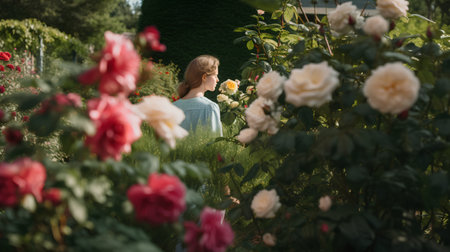 Beautiful young woman standing in a rose garden and looking at flowersの素材