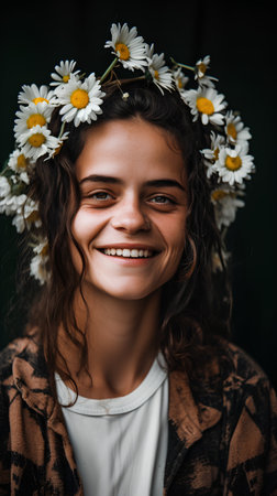 portrait of a beautiful girl with daisies in her hairの素材