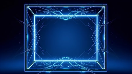 Abstract background with blue neon lights and square frame. Vector illustration.の素材