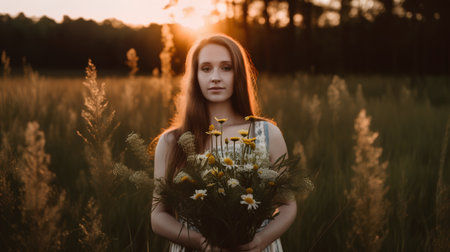 Beautiful young woman with a bouquet of wildflowers at sunsetの素材