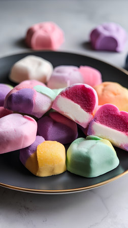 Colorful heart shaped marshmallows on a plate, close upの素材