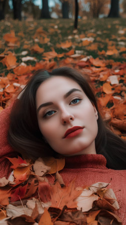 Portrait of a beautiful young woman lying in the autumn park.の素材