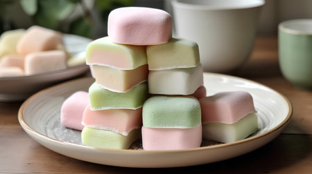 Colorful marshmallows on a plate, closeup of photoの素材