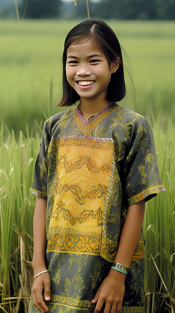 Young asian girl in a rice field smiling at the camera.の素材