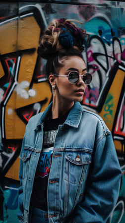 stylish young woman in denim jacket and sunglasses posing near graffiti wallの素材