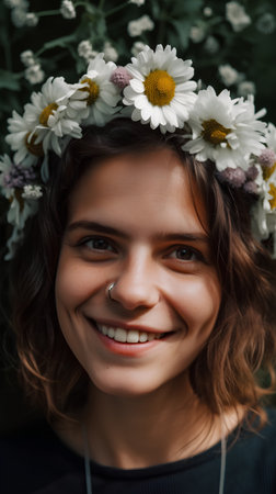 Portrait of a beautiful young woman in a wreath of daisiesの素材