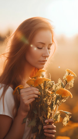 Beautiful young woman with chrysanthemum flowers at sunsetの素材