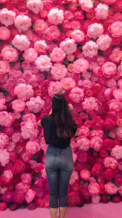 Beautiful woman in front of the wall full of pink roses.の素材