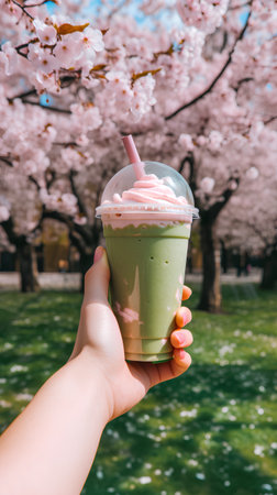 Female hand holding a cup of matcha green tea with whipped cream and pink cherry blossoms in the background.の素材