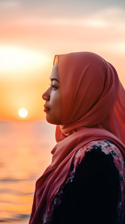 Portrait of a beautiful muslim woman with hijab at sunset.の素材
