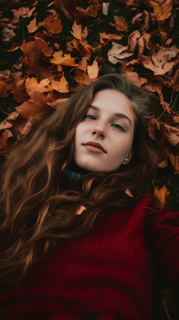 Portrait of a beautiful young woman lying on the autumn leaves.の素材