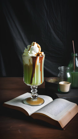 coffee latte macchiato with whipped cream and bookの素材
