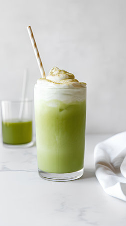 Green matcha latte in a glass with a straw on a light backgroundの素材