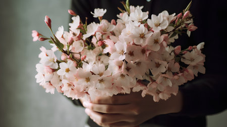 Bouquet of cherry blossoms in the hands of a girlの素材