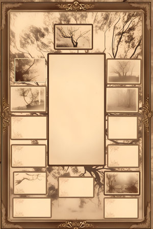 Old paper with picture frame and trees in the background. Grunge background.の素材