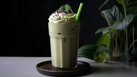 Iced green tea with whipped cream in a glass on a dark background.の素材