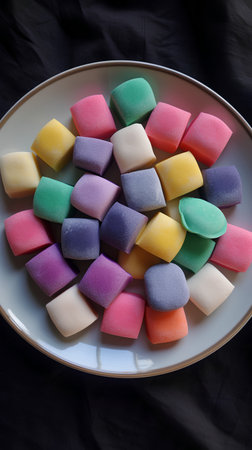 Colorful jelly candies on a white plate over black cloth.の素材