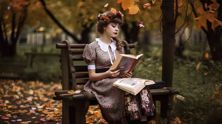 Beautiful girl in the autumn park reading book. Vintage style.の素材
