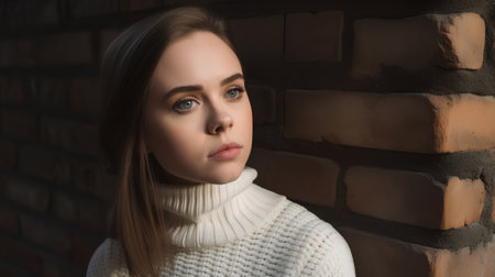 Portrait of a beautiful young woman in a white sweater on a brick wall backgroundの素材