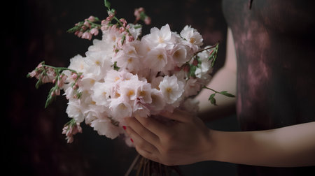 Bouquet of cherry blossoms in the hands of a girlの素材