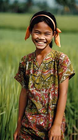 Little asian girl in the rice field smiling at the camera.の素材