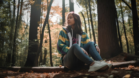 Young woman sitting on a log in the autumn forest with a backpackの素材