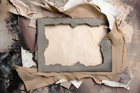 Old photo frame on the background of crumpled sheets of paperの素材