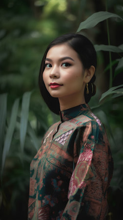 beautiful asian woman wearing kimono in a tropical forestの素材