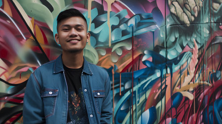 Portrait of a young asian man in front of a graffiti wallの素材