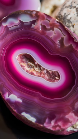 Macro shot of agate gemstone with pink reflection on black backgroundの素材