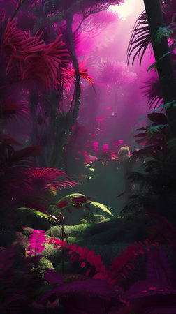 Fantasy landscape with ferns and tropical plants. 3d renderの素材