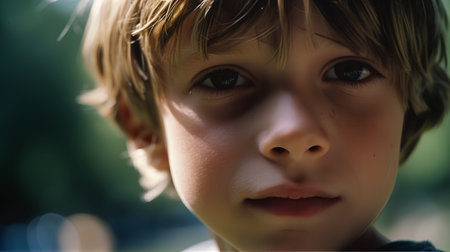 Portrait of a boy in the park, close-up.の素材